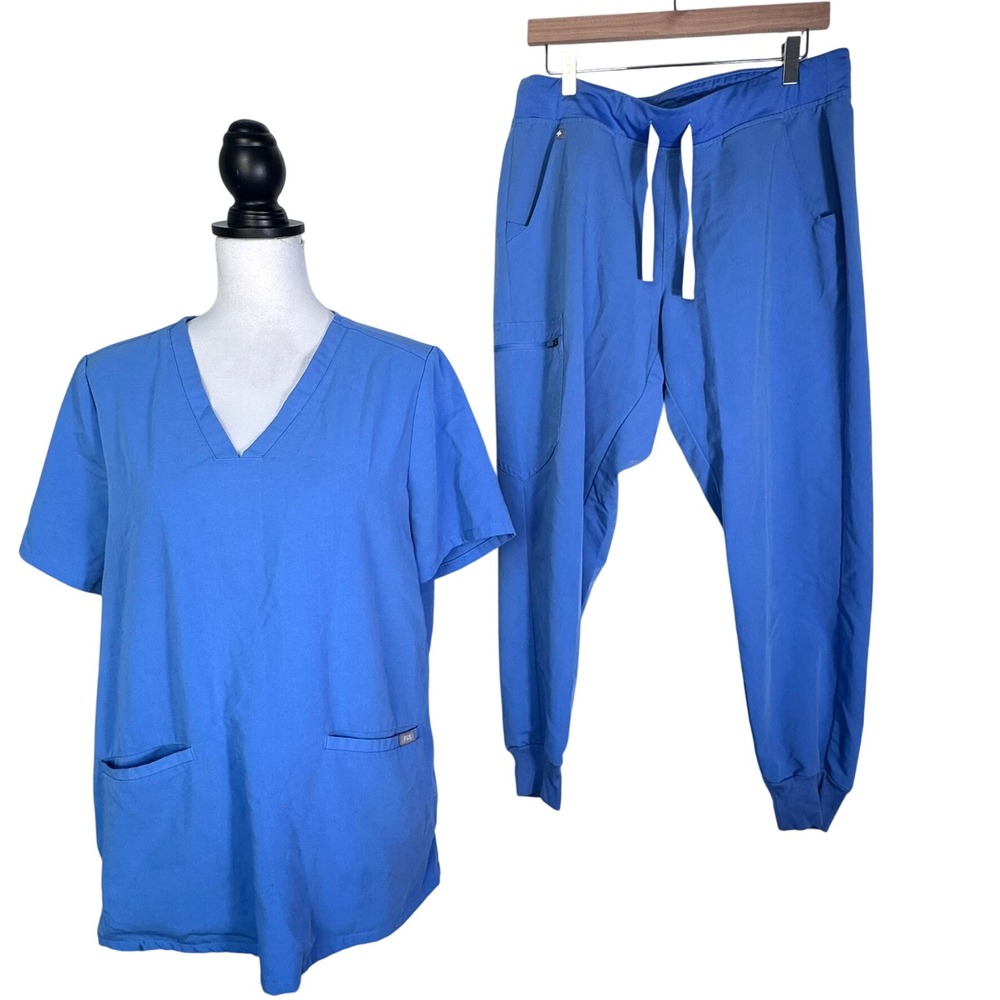 FIGS Womens Large Petite Blue Technical Collection Scrub Set V-Neck Jogger Pants